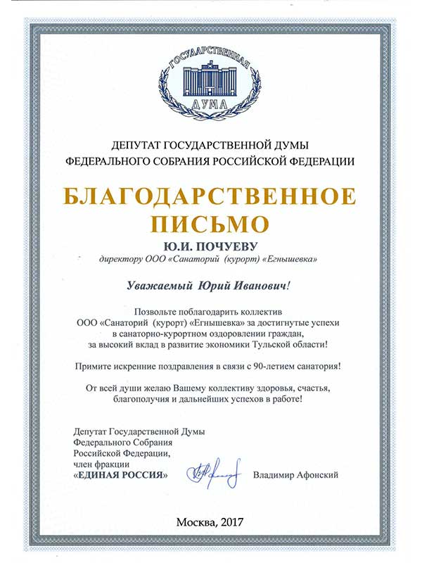 Благодарственное письмо от партии Единая Россия.